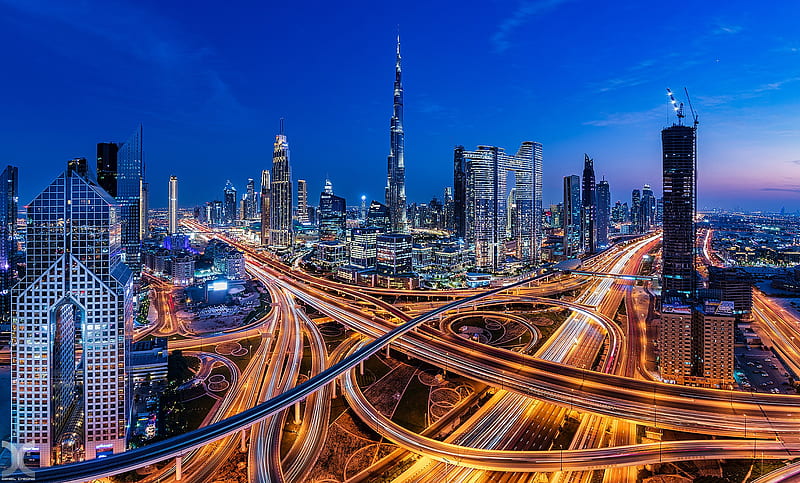 Cities, Dubai, Night , City , Skyscraper , United Arab Emirates , Burj Khalifa , Highway, HD wallpaper
