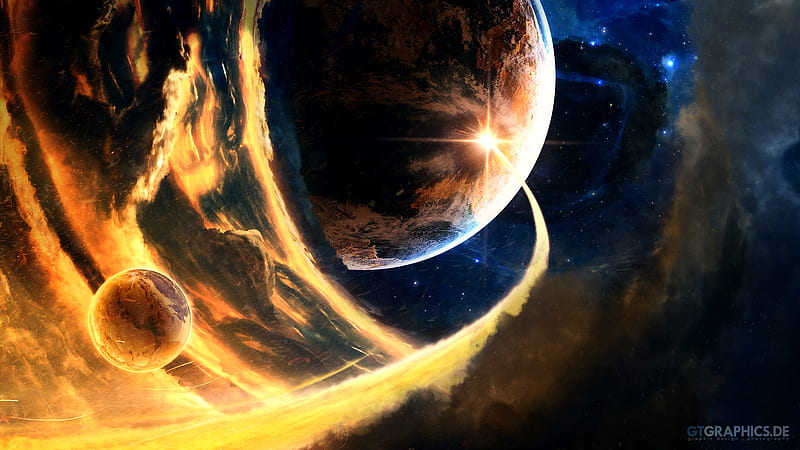 Outer World, fire, stars, planets, flame, space, dark, HD wallpaper