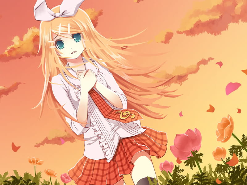 Rin, vocaloid, kagamine rin, tie, sunset, sky, clouds, anime, flowers