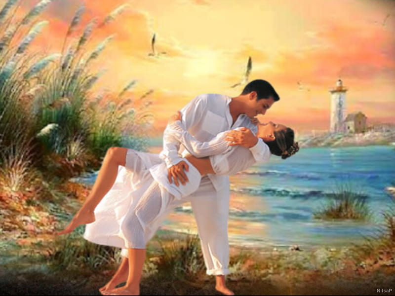 Loving couple., gentle sunset, sea, love, couple, HD wallpaper | Peakpx
