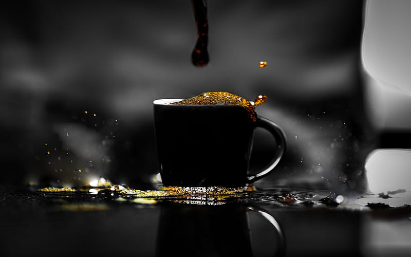 coffee, black cup with coffee, gray background, coffee concepts, HD wallpaper