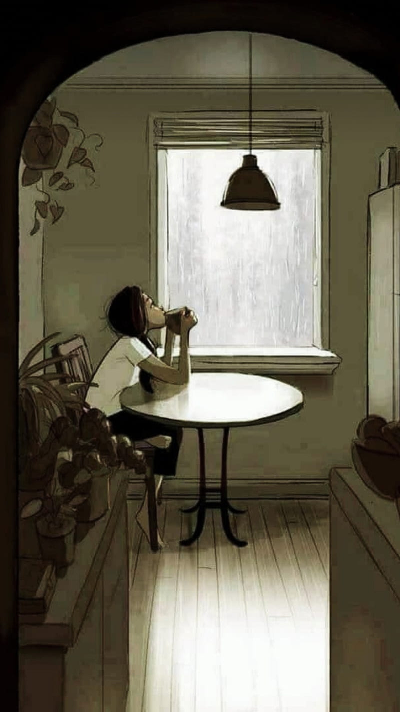 Alone, aneme, animation, girl, morning, rain, rainy, window, HD phone wallpaper