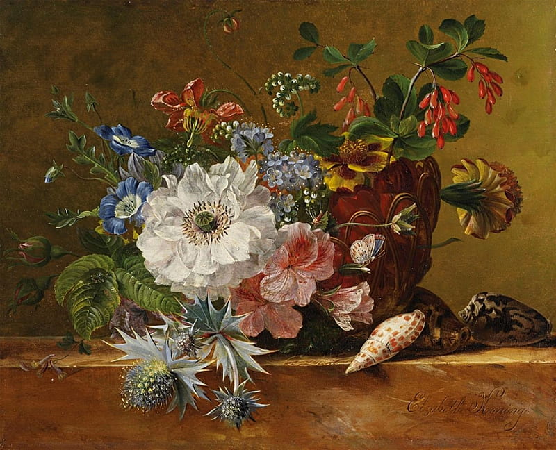 Still life, art, luminos, shell, painting, summer, flower, pictura ...