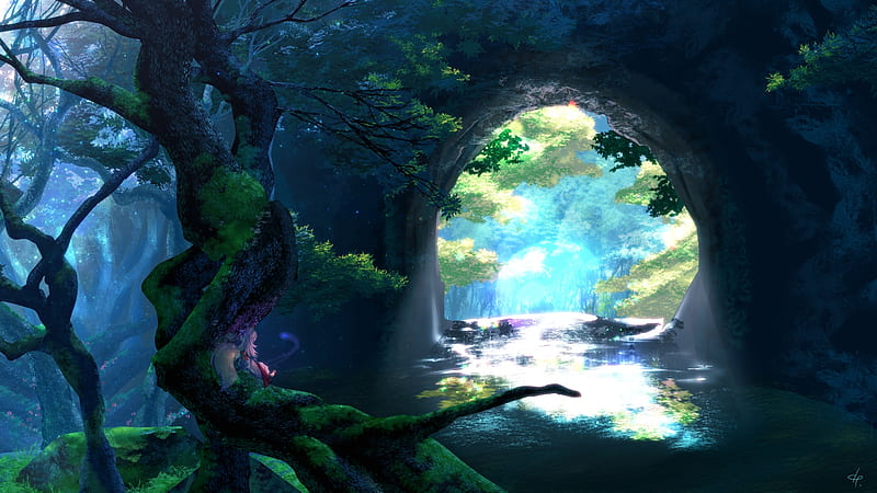 anime landscape, giant tree, water, stream, Anime, HD wallpaper