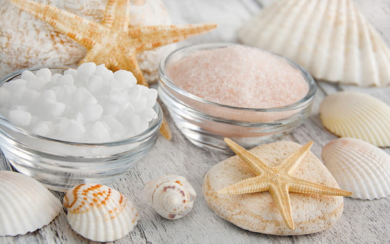 spa salt, starfish, seashells, spa accessories, wellness spa concepts, HD wallpaper
