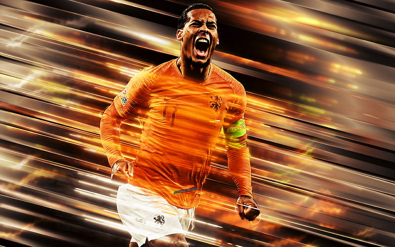 Virgil van Dijk, Netherlands national football team, defender, portrait, art, orange background, Dutch football player, HD wallpaper