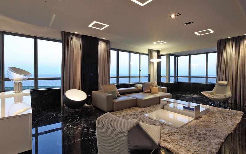 stylish interior design, living room, black marble floor, black wood panels on the walls, modern interior design, HD wallpaper