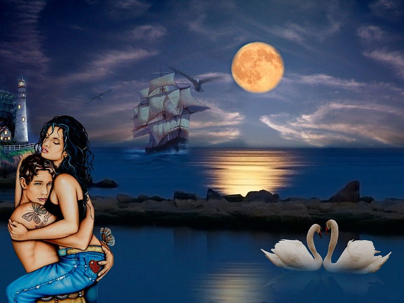 OCEAN DREAMS, female, male, ocean, birds, clouds, swans, lighthouse, moon, ship, reflection, night, HD wallpaper