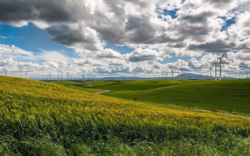 Landscape with Wind Farm, wind farm, fields, clouds, landscape, HD wallpaper