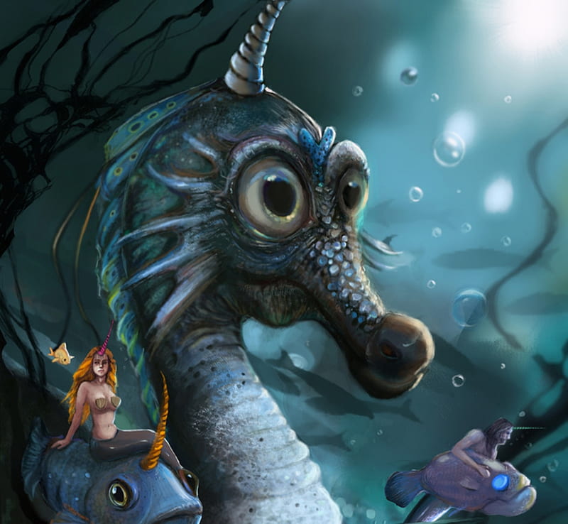 Children of the sea, vara, fantasy, water, seahorse, summer, beste erel, blue, sea, mermaid, HD wallpaper