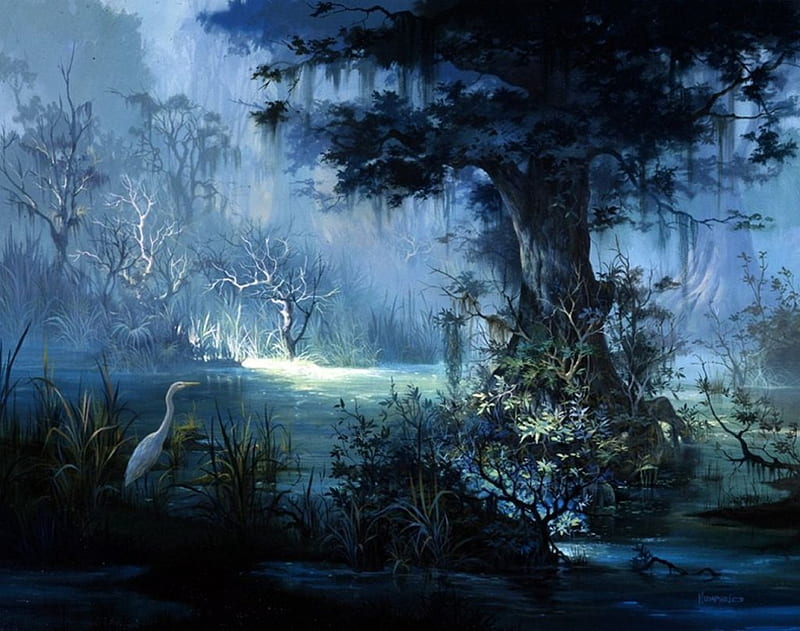 Egret in The Shadows, tree, water, bird, plants, painting, twilight, artwork, HD wallpaper
