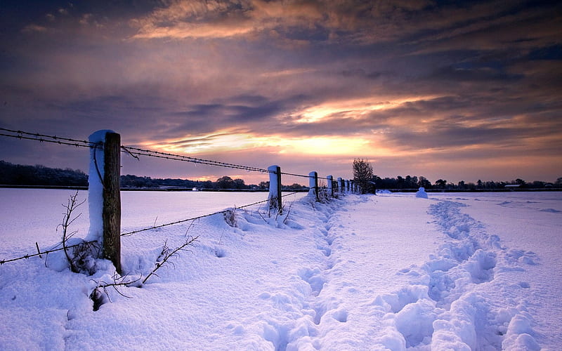 Winter Landscape, fence, sun, snow, footsteps, clouds, sky, HD wallpaper