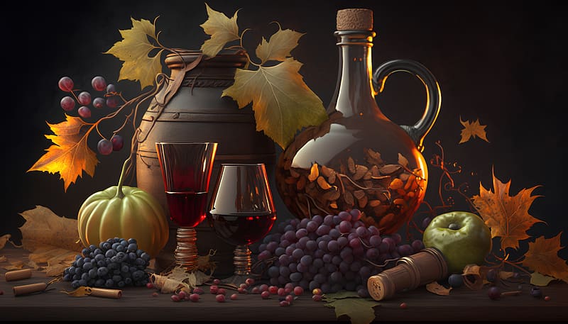 Still life with wine, Autumn leaves, Fruits, Wine, Vegetables, HD wallpaper