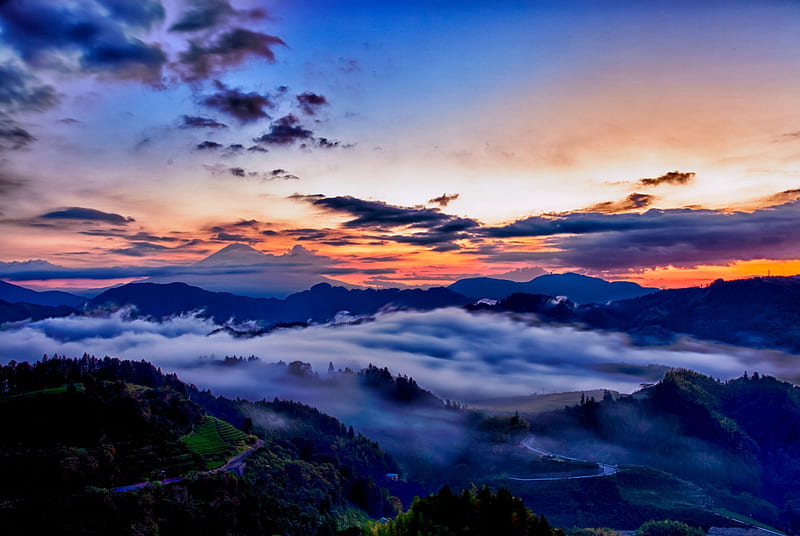 THE FOG, mountains, r, sunset, clouds, sky, HD wallpaper