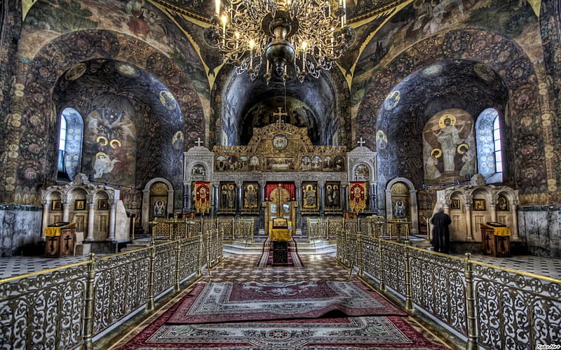 interior of a magnificent orthodox church r, arches, chandelier, interior, alter, r, church, HD wallpaper
