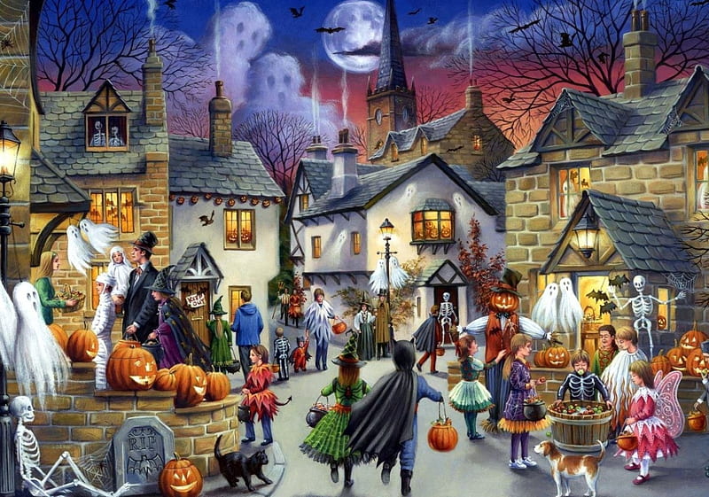 Halloween, ghosts, houses, painting, village, artwork, HD wallpaper