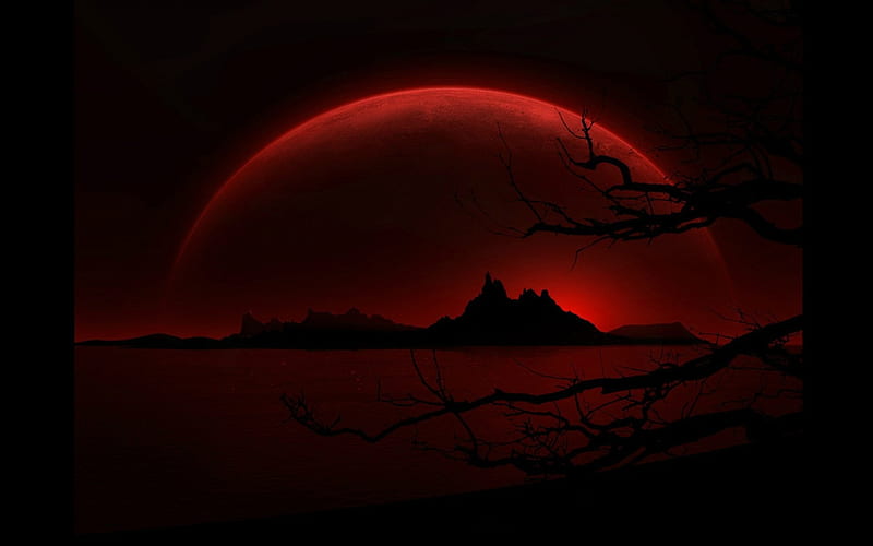 Bloody moon, red, moon, black, branch, night, HD wallpaper
