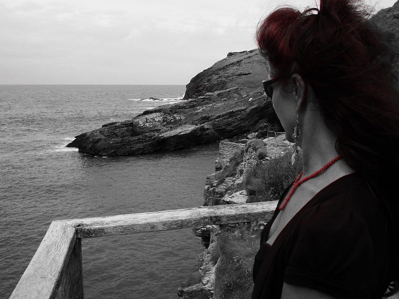 looking out to sea, red, female, girl, model, gothic, ocean, sea, landscape, HD wallpaper