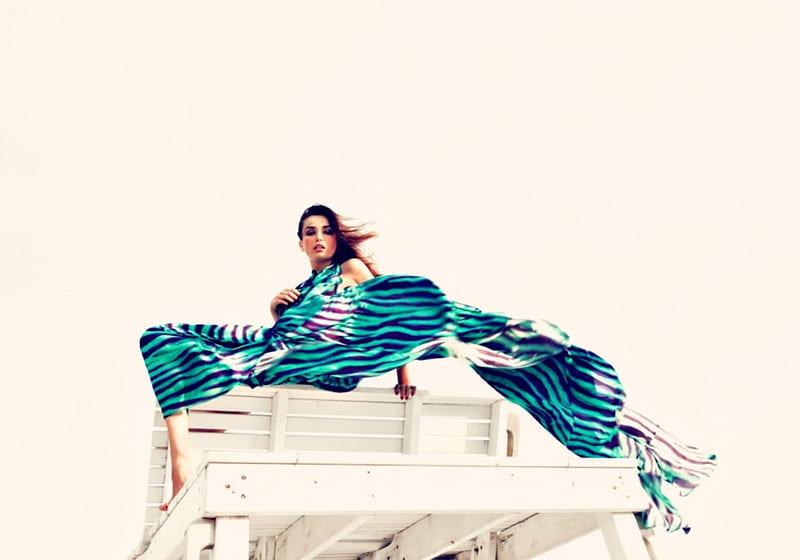 Andreea Diaconu, model, romanian, woman, beach, girl, summer, scarf, white, blue, HD wallpaper