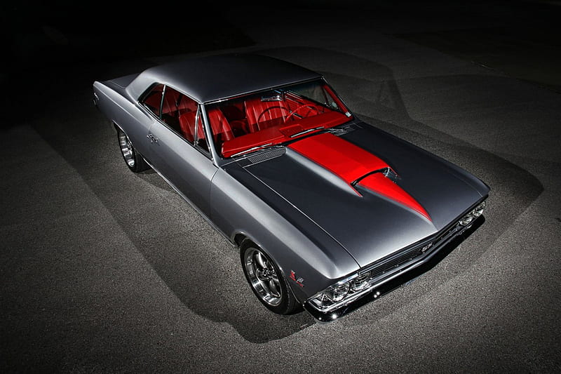 1966-Chevrolet-Chevelle-SS, Classic, Bowtie, Gray, Red Interior, HD wallpaper