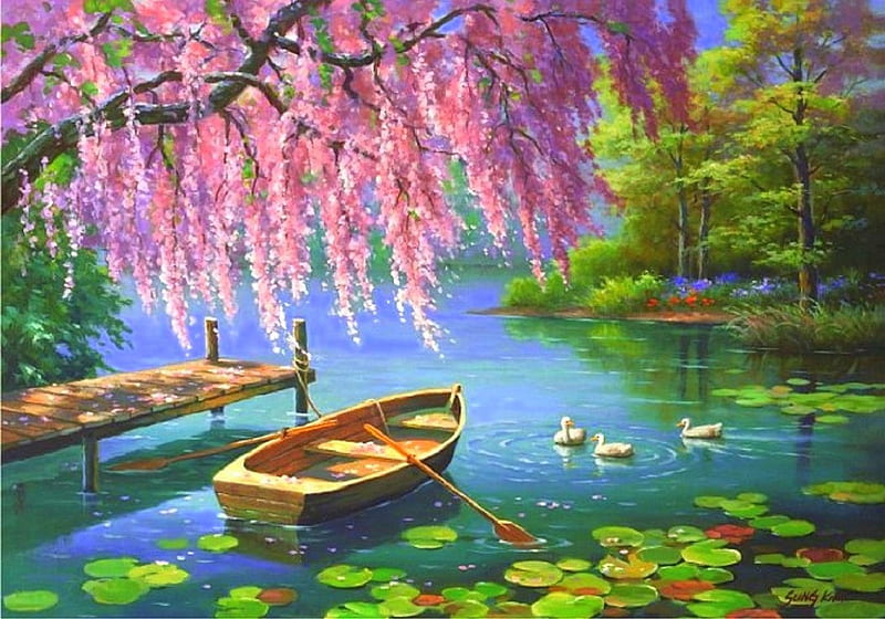Willow in Spring, lovely, pier, colors, love four seasons, ducks, bonito, spring, attractions in dreams, trees, boats, paintings, willows, flowers, nature, rivers, HD wallpaper