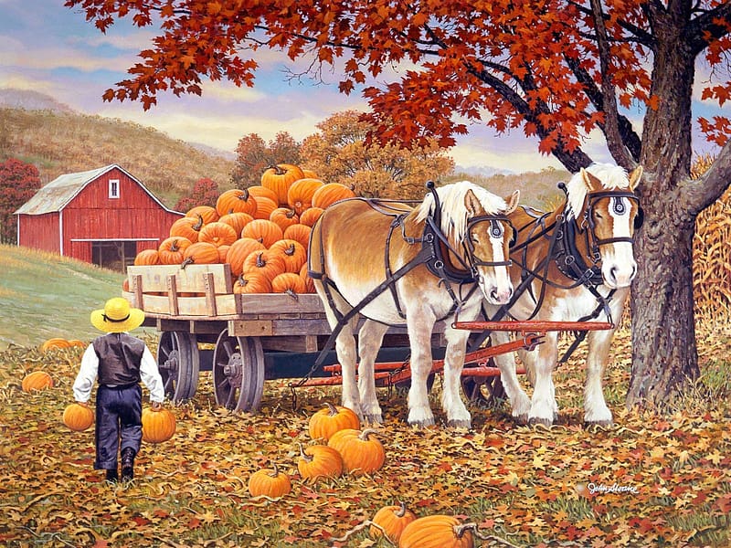 Pumpkin Patch, barn, horses, painting, autumn, cart, child, tree, HD wallpaper