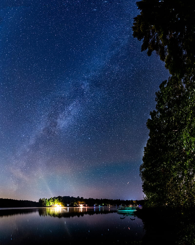 lake, night, starry sky, dark, landscape, HD phone wallpaper
