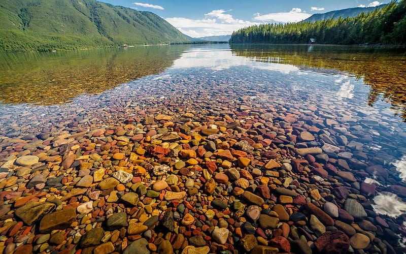 Clear Water with Colored Gravel Stones, water, stones, mountains, nature, gravel, lake, HD wallpaper