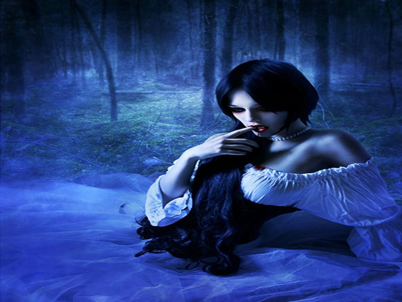 The Thirst For Blood, dark lady, gothic, dark, vampire, white dress, blue, blood, HD wallpaper