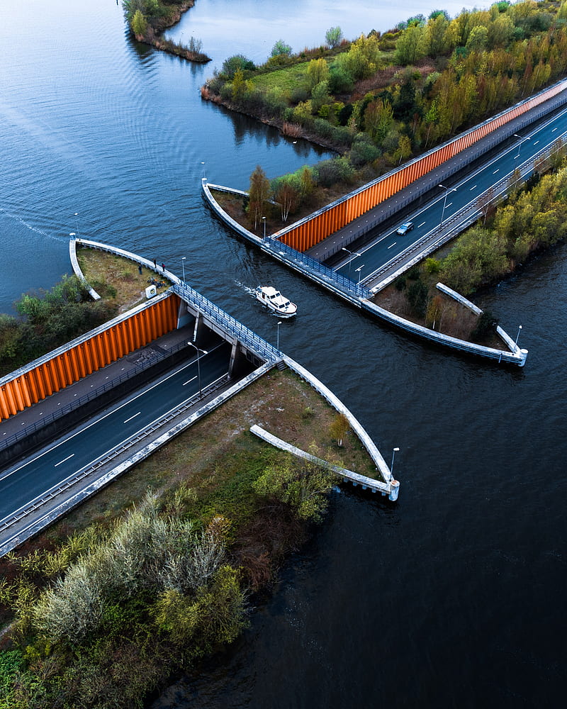 canal, river, boat, bridge, aerial view, HD phone wallpaper