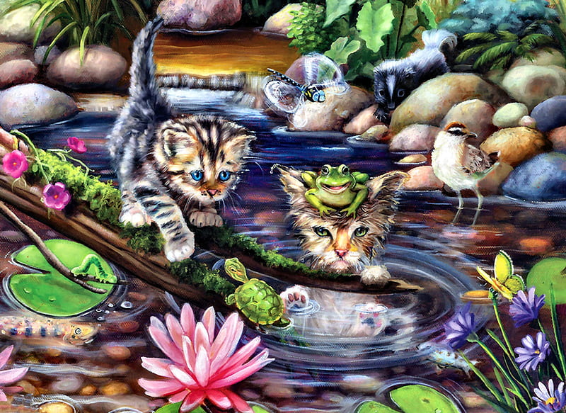 On A Fishing Mission F, art, toads, bonito, creek, turtle, pets, artwork, animal, feline, water, painting, wide screen, flower, cats, HD wallpaper
