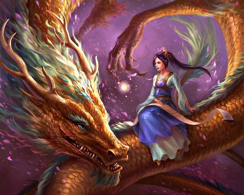 Girl and Dragon, art, orange, woman, dragon, sandara, horns, fantasy, girl, green, purple, creature, blue, HD wallpaper