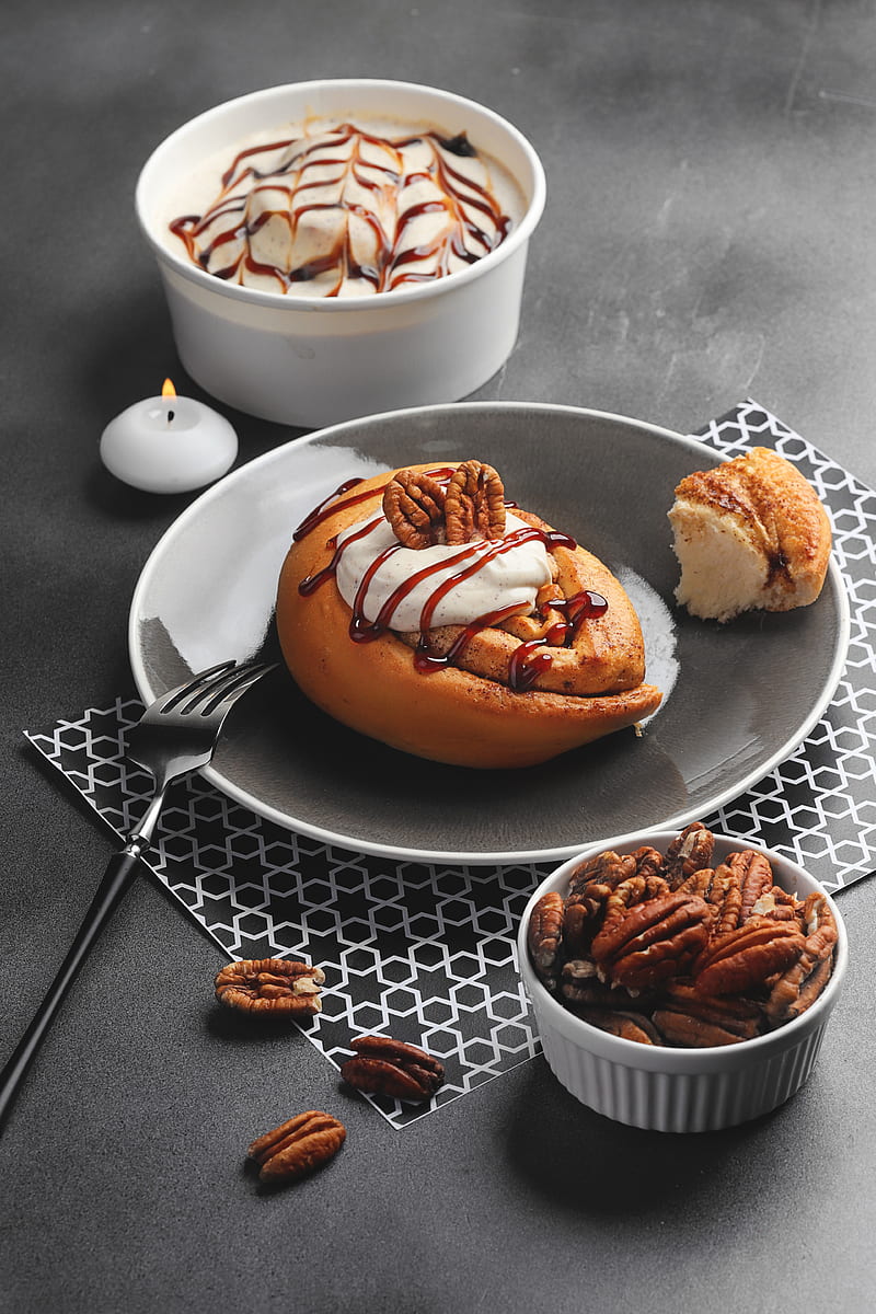 bun, nuts, cream, dessert, breakfast, HD phone wallpaper