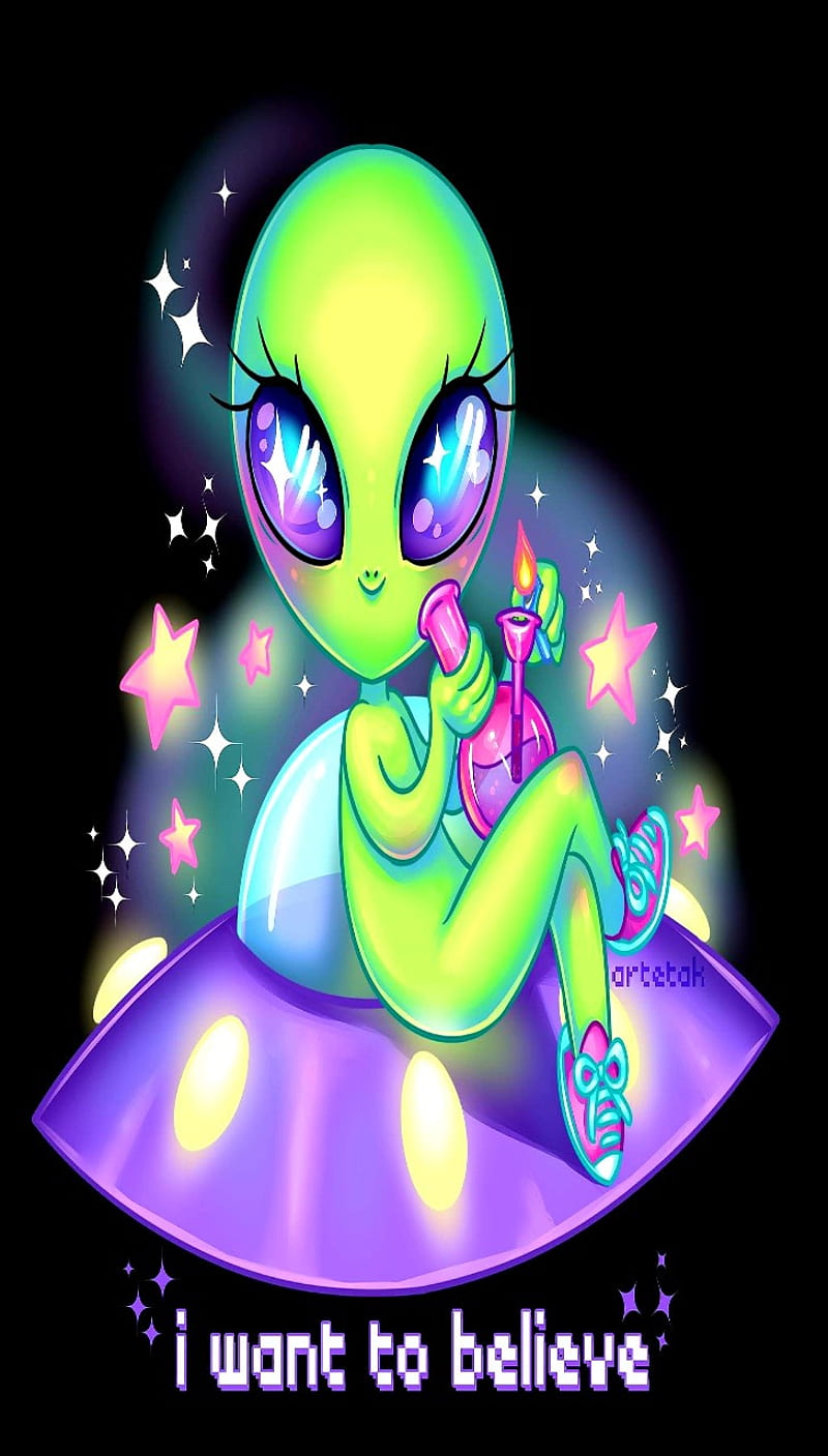 UFO Cutie, alien, area 51, cute, kawaii, neon, HD phone wallpaper