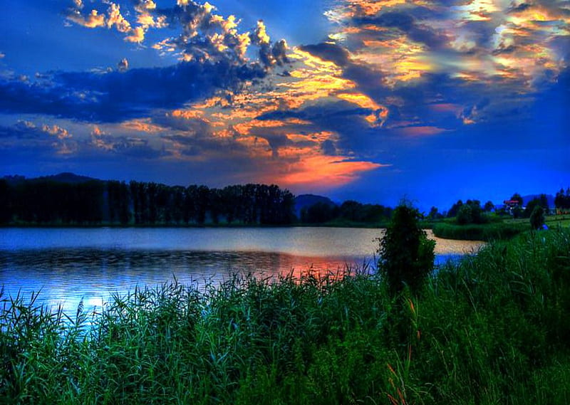 Evening repose, evening, trees, clouds, lake, HD wallpaper