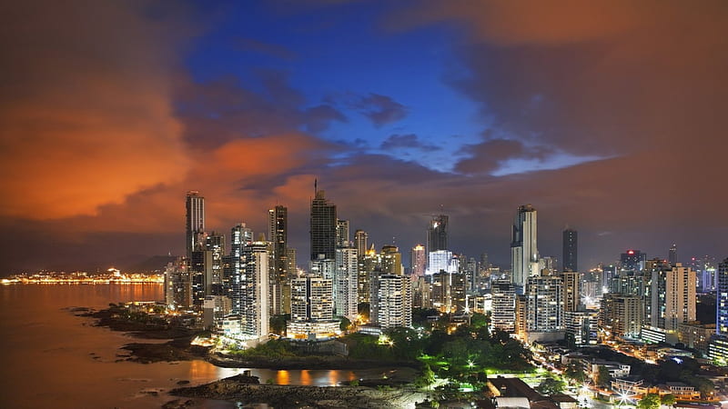 evening on panama city, city, evening, clouds, lights, harbor, skyscrapers, HD wallpaper