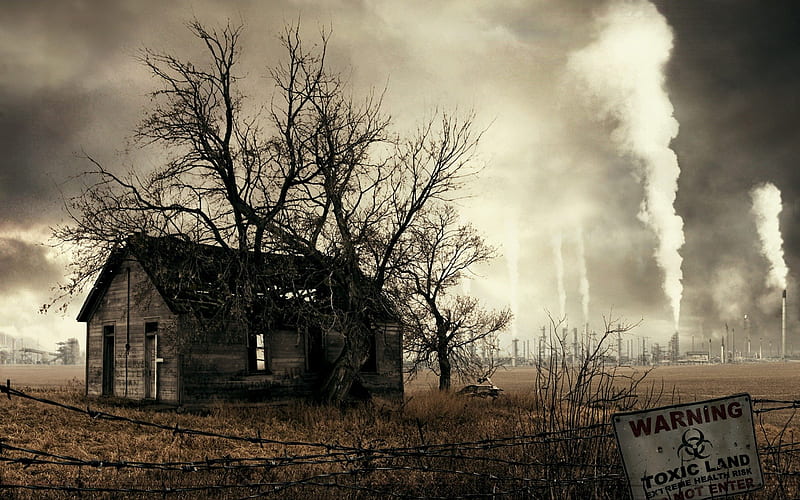 Radiated House, tree, house, real, place, smoke, factory, HD wallpaper