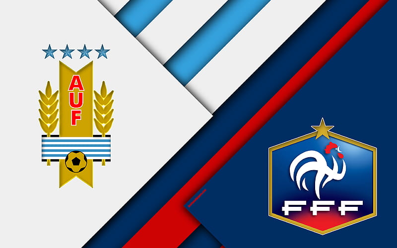 Uruguay vs France material design, Round 8, abstract, logos, 2018 FIFA World Cup, Russia 2018, football match, July 6, Nizhny Novgorod Stadium, HD wallpaper