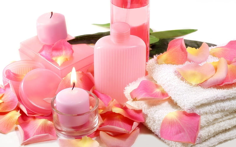 A Touch of Pink, Essence of Vanilla Beans, Pink Candles, Pink Petals, Pink Roses, Pink Body Wash, Pink Soap Case, Spa, Flame, Hand Towels, Relaxation, Pink Lotion, Ambiance, HD wallpaper