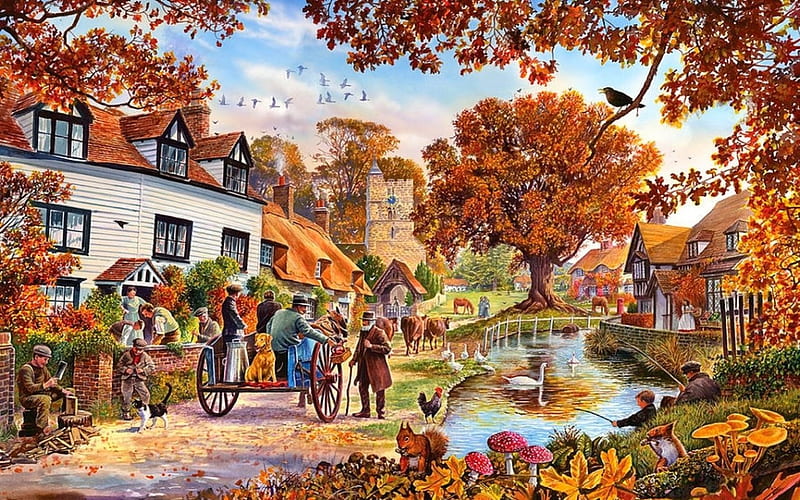 Village In Autumn, cottages, autumn, canal, birds, bonito, trees, swans, village, mushrooms, cats, cows, dog, HD wallpaper