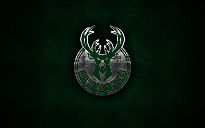 Milwaukee Bucks American Basketball Club, metal logo, creative art, NBA, emblem, green metal background, Milwaukee, Wisconsin, USA, basketball, National Basketball Association, Eastern Conference, HD wallpaper