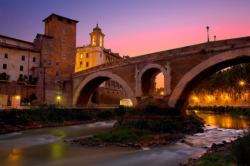 Ponte Fabricio, architecture, bridges, places, sunset, rome, sky, lights, water, river, popular, reflection, landscape, italy, night, HD wallpaper