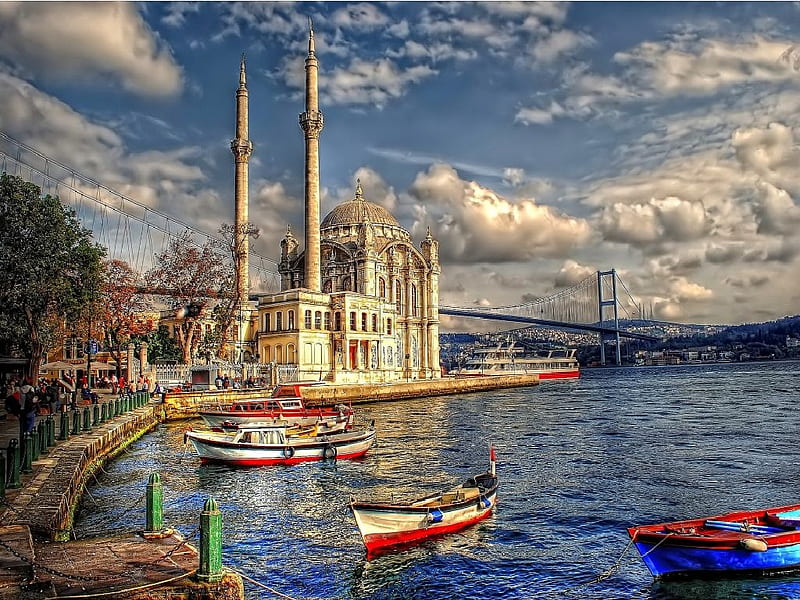istanbul, boat, mosque, turkey, istanbul, sea, ortakoy, HD wallpaper