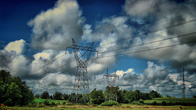 towers in lovely nature setting r, towers, electric, fields, r, clouds, sky, HD wallpaper