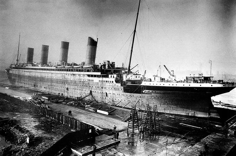 RMS Titanic, build, black and white, construction, old, boat, water, dock, ship, tragedy, Titanic, Rare, vintage, HD wallpaper