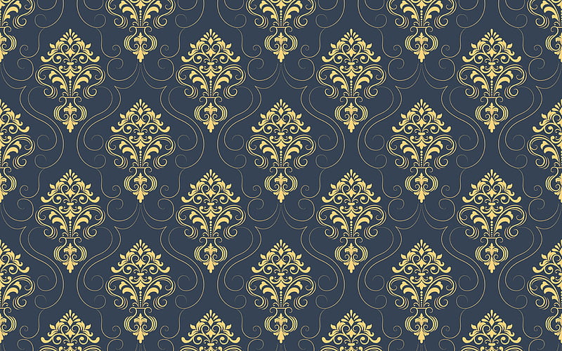 floral damask pattern texture, damask retro background, gray background, floral gold ornaments, damask seamless pattern, floral seamless texture, HD wallpaper