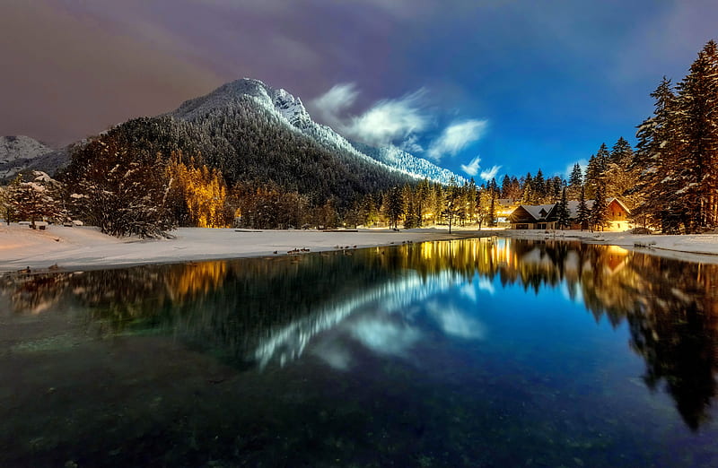 Winter lake at night, night, winter, lake, lights, bonito, Slovenia, mountain, snow, chalets, reflection, HD wallpaper