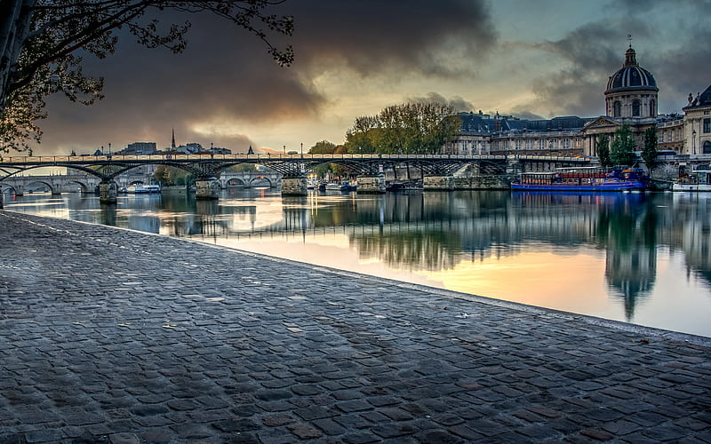 Bridge of Arts River Seine, sunset, french cities, France, Europe, HD wallpaper