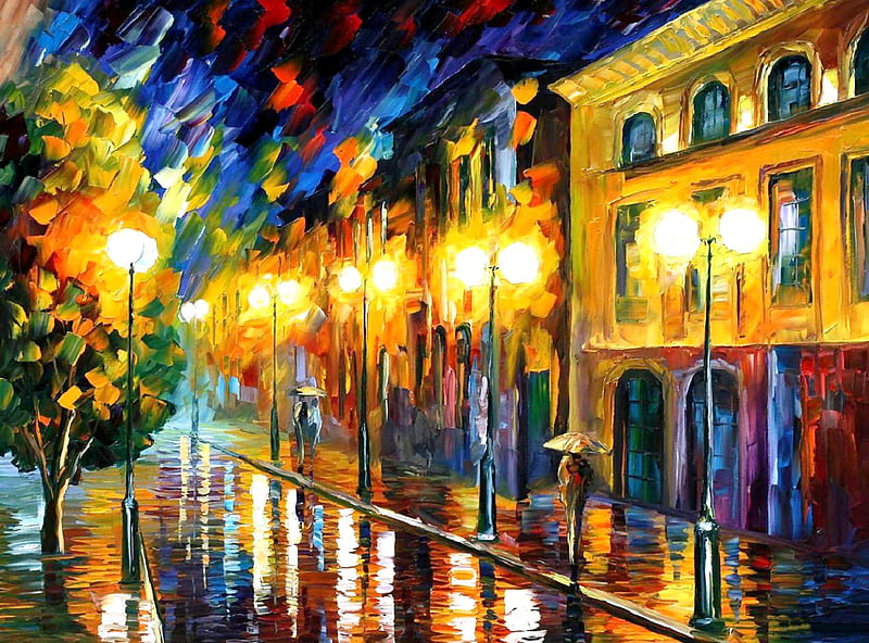 Fascination of the Rain, art, Leonid Afremov, bonito, abstract, illustration, artwork, Afremov, painting, wide screen, scenery, HD wallpaper