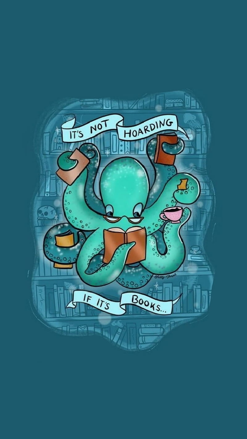 Hoarding octopus, bookworm, coffee, reading, HD phone wallpaper